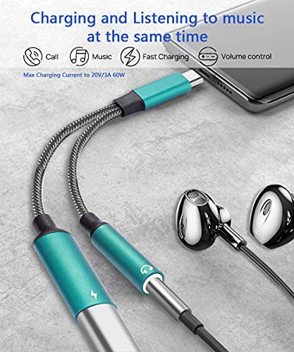 Samsung Galaxy S23 Headphone Adapter, 2 in 1 USB C to 3.5mm Headphone Adapter with PD 60W Charging Dongle Compatible with Galaxy S23+/S22+/S22/S22+/S21+/S20/S20FE/Note 10+, Google Pixel 7/6Pro/5/4XL