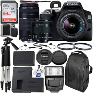 canon eos 250d (rebel sl3) dslr camera with 18-55mm & 75-300mm canon lenses + 64gb card, tripod, flash, and more (20pc bundle) black compact