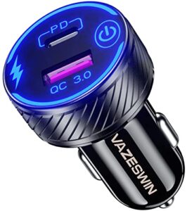 usb c car charger, vazeswin qc3.0 & pd type c dual usb port fast car charger adapter, 30w 5a fast charge car phone charger with blue led & touch switch