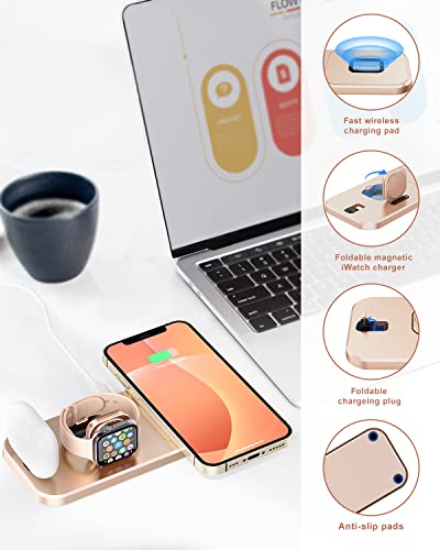 PUDOEN Wireless Charger, Foldable 3 in 1 Charging Station for Apple Multiple Devices, 18W Fast Charging Stand Compatible with Apple iWatch Series 7/6/SE/5/4/3/2/1, for iPhone AirPods Pro 3/2/1-Rose