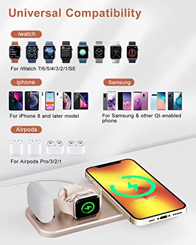 PUDOEN Wireless Charger, Foldable 3 in 1 Charging Station for Apple Multiple Devices, 18W Fast Charging Stand Compatible with Apple iWatch Series 7/6/SE/5/4/3/2/1, for iPhone AirPods Pro 3/2/1-Rose