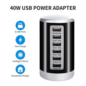 Wyssay 8A(40W) 6-Port Independent Desktop USB Charging Station,Multi Charger Block,USB Fast Charger Compatible with iPhone 13/13pro Max 12/12 Mini/12Pro/12 Pro Max/11,Tablets, Smartphones (Black)
