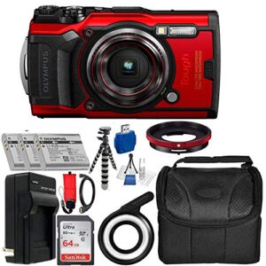 olympus tough tg-6 digital camera (red) – with premium accessory led light bundle