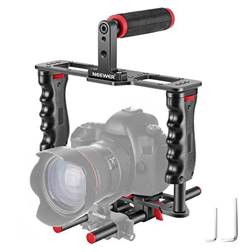 NEEWER Camera Video Cage Film Movie Making Kit, Aluminum Alloy with Top Handle, Dual Hand Grip, Two 15mm Rods, Compatible with Canon Sony Fujifilm Nikon DSLR Camera and Camcorder (Black + Red)