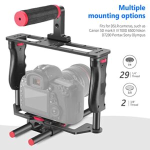NEEWER Camera Video Cage Film Movie Making Kit, Aluminum Alloy with Top Handle, Dual Hand Grip, Two 15mm Rods, Compatible with Canon Sony Fujifilm Nikon DSLR Camera and Camcorder (Black + Red)