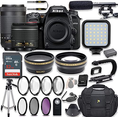 Nikon D7500 20.9 MP DSLR Camera Video Kit with AF-P 18-55mm VR Lens & AF-P 70-300mm ED VR Lens + LED Light + 32GB Memory + Filters + Macros + Deluxe Bag + Professional Accessories (Renewed)