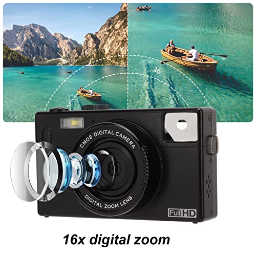 Digital Camera, Full HD 1080P 24MP Vlogging Camera with 16X Digital Zoom, 3in LCD Screen, Rechargeable Battery, Anti Shake Compact Camera for Adults, Kids, Student, Teens, Beginner (Black)