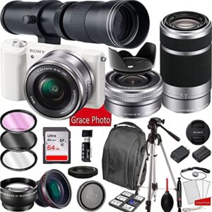 Sony A5100 Mirrorless Camera with E PZ 16-50mm f/3.5-5.6 OSS White, E 55-210mm f/4.5-6.3 OSS, 420-800mm f/8.3 Manual Telephoto Zoom Lens + 64Gb Memory Card + Professional Accessory Bundle