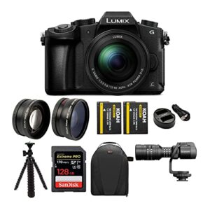 panasonic lumix g85 4k mirrorless camera with g vario 12-60mm lens bundle with microphone mountable, 128gb sd card, battery and dual charger, backpack, 58mm lens set and tripod (7 items)