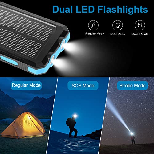 Solar Charger, 20000mAh Solar Power Bank, Portable Solar Phone Charger Waterproof Cellphone External Battery Packs with Dual LED Flashlights for Outdoor Camping Travel