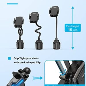 TECKNET Cup Holder Phone Mount for Car - Vent Clip with Cars, Trucks - Adjustable Gooseneck Cradles - Compatible with iPhone, Samsung, Google and Other 4''-7'' Cell Phones