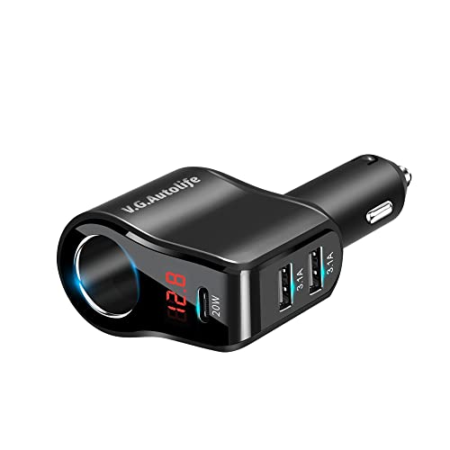 Car Cigarette Lighter Adapter PD 20W Charger Extension,Dual USB 5V/3.1A Socket Splitter with PD 20W USB-C Fast Charge and Double USB and Voltage Meter, Cigarette Lighter fit for 12V/24V Outlet