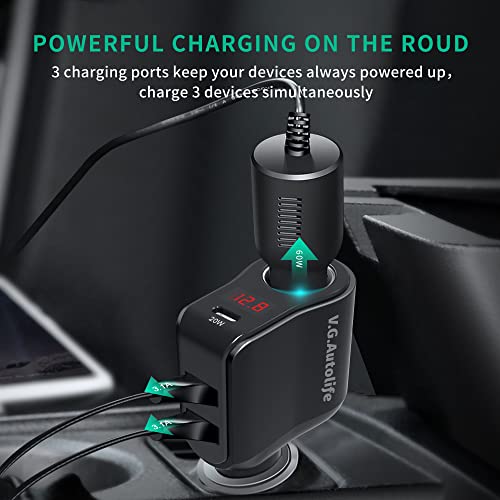 Car Cigarette Lighter Adapter PD 20W Charger Extension,Dual USB 5V/3.1A Socket Splitter with PD 20W USB-C Fast Charge and Double USB and Voltage Meter, Cigarette Lighter fit for 12V/24V Outlet