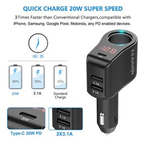 Car Cigarette Lighter Adapter PD 20W Charger Extension,Dual USB 5V/3.1A Socket Splitter with PD 20W USB-C Fast Charge and Double USB and Voltage Meter, Cigarette Lighter fit for 12V/24V Outlet