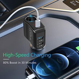 Car Cigarette Lighter Adapter PD 20W Charger Extension,Dual USB 5V/3.1A Socket Splitter with PD 20W USB-C Fast Charge and Double USB and Voltage Meter, Cigarette Lighter fit for 12V/24V Outlet