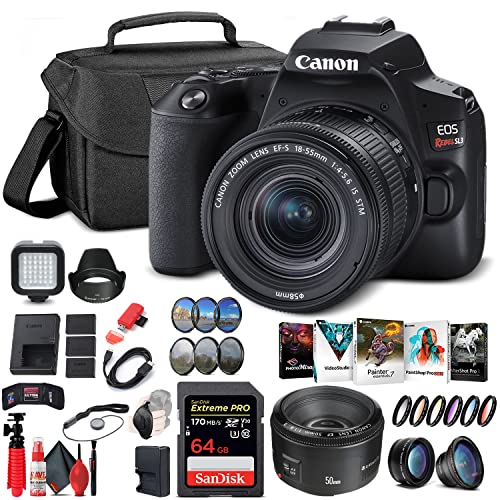 Canon EOS Rebel SL3 DSLR Camera with 18-55mm Lens (Black) (3453C002), Canon EF 50mm Lens, 64GB Memory Card, Color Filter Kit, Case, Filter Kit, Corel Photo Software, 2 x LPE17 Battery + More (Renewed)