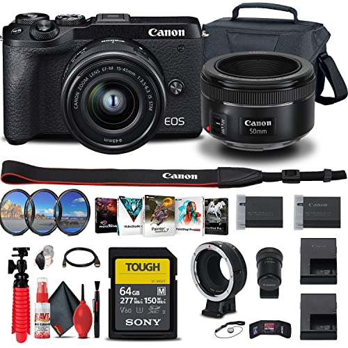 Canon EOS M6 Mark II Mirrorless Camera with 15-45mm Lens and EVF-DC2 Viewfinder (3611C011) + Canon EF-M Lens Adapter + Canon EF 50mm Lens + 64GB Tough Card + Case + Filter Kit + More (Renewed)