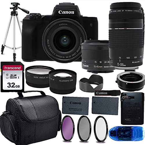 Canon Intl. EOS M50 Mark II Mirrorless Digital Camera (Black) & 15-45mm STM + EF 75-300mm III Lens wEOS M Mount Adapter + 32GB Transcend Memory Card, Shoulder Bag & Essential Accessory Bundle