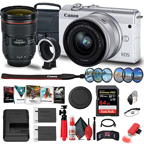 Canon EOS M200 Mirrorless Digital Camera with 15-45mm Lens (White) (3700C009) + Canon EF-M Lens Adapter + Canon EF 24-70mm Lens + 64GB Card + Case + Photo Software + More (Renewed)