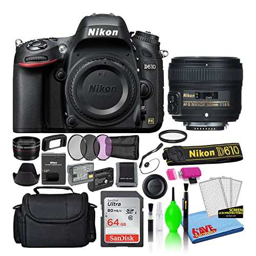 Nikon D610 24.3MP DSLR FX-Format Digital Camera with AF-S 50mm f/1.8G Lens (13550) Deluxe Bundle with 64GB SD Card + Large Camera Bag + Filter Kit + Spare EN-EL15 Battery + Telephoto Lens (Renewed)