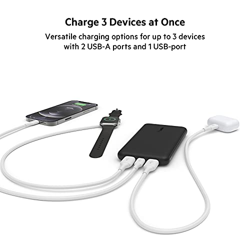 Belkin USB-C Portable Charger Power Bank, 10,000 mAh with 1 USB-C Port and 2 USB-A Ports for up to 15W Charging for iPhone 14 Pro, 14 Pro Max, AirPods, iPad, Galaxy S23, S23+, Ultra - Black