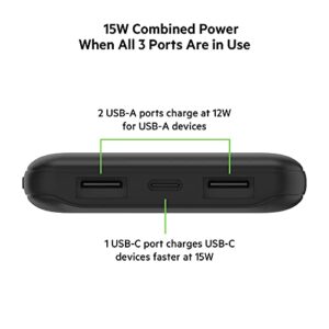 Belkin USB-C Portable Charger Power Bank, 10,000 mAh with 1 USB-C Port and 2 USB-A Ports for up to 15W Charging for iPhone 14 Pro, 14 Pro Max, AirPods, iPad, Galaxy S23, S23+, Ultra - Black