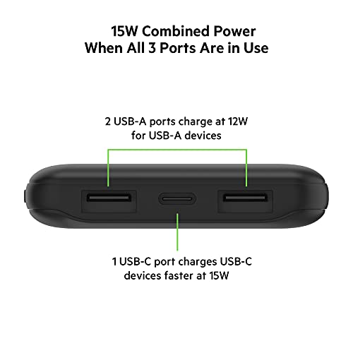 Belkin USB-C Portable Charger Power Bank, 10,000 mAh with 1 USB-C Port and 2 USB-A Ports for up to 15W Charging for iPhone 14 Pro, 14 Pro Max, AirPods, iPad, Galaxy S23, S23+, Ultra - Black