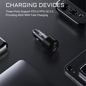 USB C Car Charger, Aergiatech 95W (65W+30W) PD3.0 PPS Dual Type C Port + 1 Quick Charge 3.0 USB Fast Charging Car Adapter for iPhone, Galaxy S22 Ultra, for MacBook, for iPad, Pixel,Grey