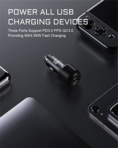 USB C Car Charger, Aergiatech 95W (65W+30W) PD3.0 PPS Dual Type C Port + 1 Quick Charge 3.0 USB Fast Charging Car Adapter for iPhone, Galaxy S22 Ultra, for MacBook, for iPad, Pixel,Grey
