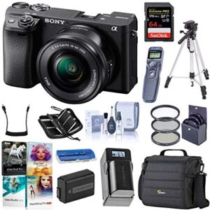 sony alpha a6400 24.2mp mirrorless digital camera with 16-50mm f/3.5-5.6 oss lens, bundle with bag, intervalometer, filter kit, battery, charger, 64gb sd card + case, tripod, pc software kit + more
