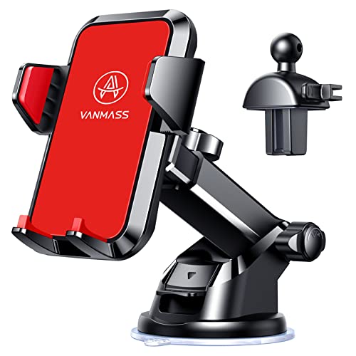 [Upgraded] VANMASS Car Phone Holder Mount [Anti-Slip Soft Silicone & Powerful Suction] Dashboard Windshield Universal Phone Holder Car, Compatible with iPhone 14 13 12 11 Pro Max &Truck/SUV/Jeep (Red)