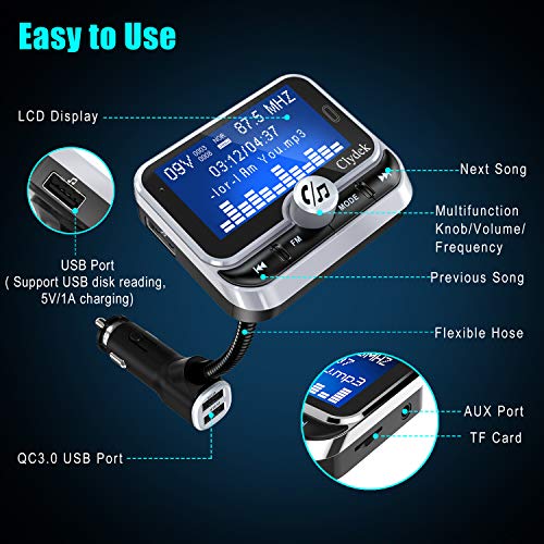 Bluetooth FM Transmitter for Car, Clydek Car Charger Adapter 1.8” Large Display Bluetooth Car Adapter, 4 Music Play Modes,Fast Charger,Hands Free,AUX Input&Output