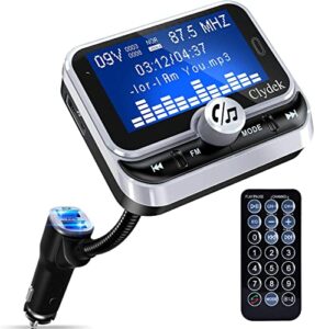 bluetooth fm transmitter for car, clydek car charger adapter 1.8” large display bluetooth car adapter, 4 music play modes,fast charger,hands free,aux input&output