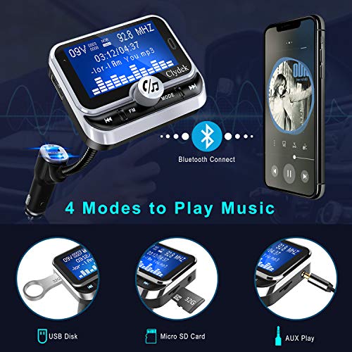 Bluetooth FM Transmitter for Car, Clydek Car Charger Adapter 1.8” Large Display Bluetooth Car Adapter, 4 Music Play Modes,Fast Charger,Hands Free,AUX Input&Output