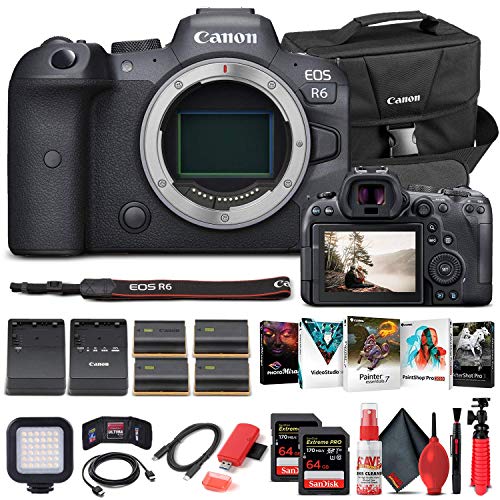 Canon EOS R6 Mirrorless Digital Camera (Body Only) 4082C002 + 2 x 64GB Memory Card + Case + Corel Software + 3 x LPE6 Battery + External Charger + Card Reader + LED Light + HDMI Cable + More (Renewed)