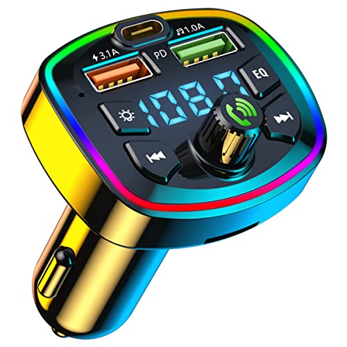 Car MP3 Player Bluetooth 5.0 FM Bluetooth Transmitter w/2 USB Charger and PD QC Interface Wireless FM Modulator w/ Built-in Mic and CVC Technology Car Radio Adapter for for Smart Phone