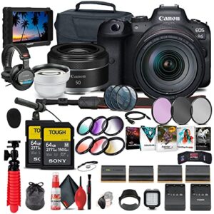 canon eos r6 mirrorless digital camera with 24-105mm f/4l lens (4082c012) + canon rf 50mm f/1.8 stm lens + 4k monitor + headphones + pro mic + 2 x 64gb tough card + color filter kit + more (renewed)