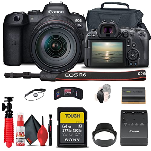 Canon EOS R6 Mirrorless Digital Camera with 24-105mm f/4L Lens (4082C012) + 64GB Tough Card + Case + Flex Tripod + Hand Strap + Cap Keeper + Memory Wallet + Cleaning Kit (Renewed)