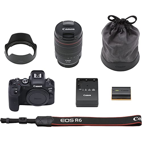 Canon EOS R6 Mirrorless Digital Camera with 24-105mm f/4L Lens (4082C012) + 64GB Tough Card + Case + Flex Tripod + Hand Strap + Cap Keeper + Memory Wallet + Cleaning Kit (Renewed)