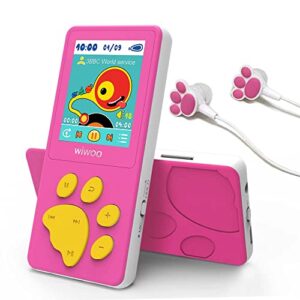 mp3 player for kids, wiwoo 1.8″ portable music player with fm radio video games voice recorder and headphone, 8gb children cartoon bear paw media player expandable up to 128gb (pink)