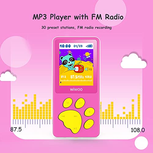 MP3 Player for Kids, Wiwoo 1.8" Portable Music Player with FM Radio Video Games Voice Recorder and Headphone, 8GB Children Cartoon Bear Paw Media Player Expandable Up to 128GB (Pink)