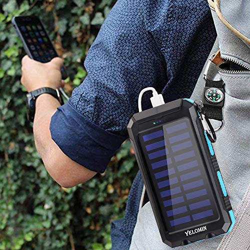 Solar Power Bank, YELOMIN 20000mAh Portable Outdoor Solar Charger, Camping Waterproof Backup Battery Pack with Dual USB 5V Outputs/LED Flashlights and Compass for Cellphones and Electronic Devices