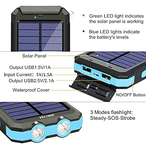 Solar Power Bank, YELOMIN 20000mAh Portable Outdoor Solar Charger, Camping Waterproof Backup Battery Pack with Dual USB 5V Outputs/LED Flashlights and Compass for Cellphones and Electronic Devices