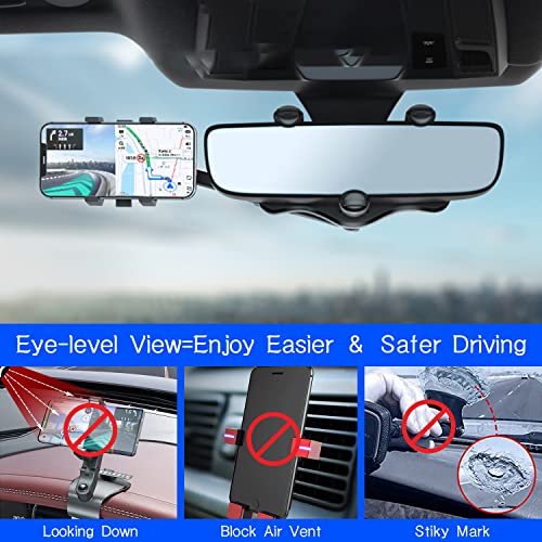 Kairiyard Car Phone Holder Mount, 360°Rotatable and Retractable Car Rearview Mirror Phone Holder Multifunctional Universal Cell Phone Mount Stand for All Mobile Phones