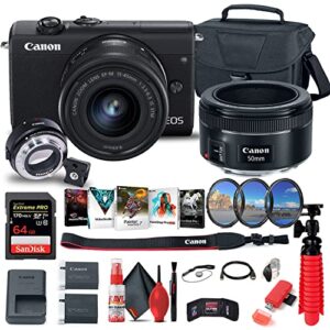 canon eos m200 mirrorless digital camera with 15-45mm lens (3699c009) + canon ef-m lens adapter + canon ef 50mm lens + 64gb card + case + filter kit + corel photo software + more (renewed)
