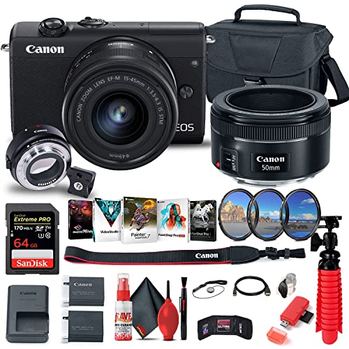 Canon EOS M200 Mirrorless Digital Camera with 15-45mm Lens (3699C009) + Canon EF-M Lens Adapter + Canon EF 50mm Lens + 64GB Card + Case + Filter Kit + Corel Photo Software + More (Renewed)