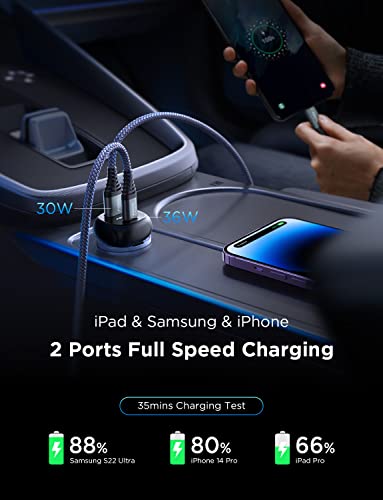 66W USB C Car Charger, AINOPE Cigarette Lighter USB Charger, PD 36W+QC 30W Fast Charging Fast Car Charger, Heavy Solid All Metal iPhone Car Charger Adapter for iPhone, Samsung, iPad, Google Pixel