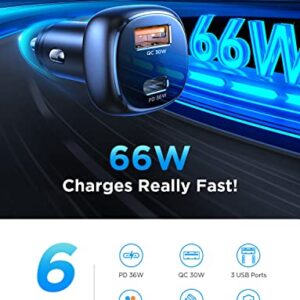 66W USB C Car Charger, AINOPE Cigarette Lighter USB Charger, PD 36W+QC 30W Fast Charging Fast Car Charger, Heavy Solid All Metal iPhone Car Charger Adapter for iPhone, Samsung, iPad, Google Pixel