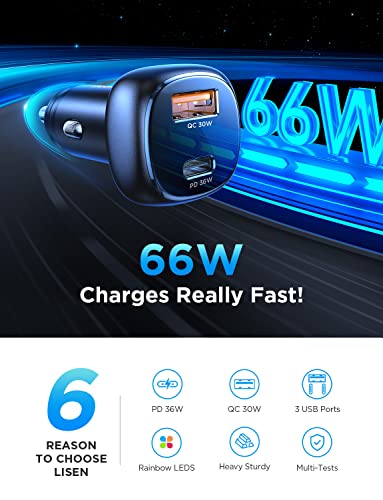 66W USB C Car Charger, AINOPE Cigarette Lighter USB Charger, PD 36W+QC 30W Fast Charging Fast Car Charger, Heavy Solid All Metal iPhone Car Charger Adapter for iPhone, Samsung, iPad, Google Pixel