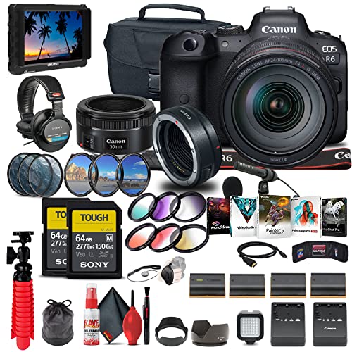 Canon EOS R6 Mirrorless Digital Camera with 24-105mm f/4L Lens (4082C012) + 4K Monitor + Canon EF 50mm Lens + Pro Headphones + Mount Adapter EF-EOS R + Pro Mic + 2 x 64GB Tough Card + More (Renewed)